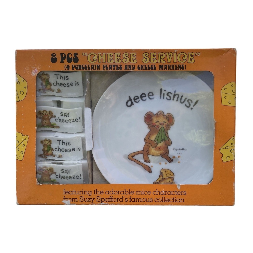 Vintage Enesco Suzy's Zoo Set of 4 cheese‎ plates & picks 1976 Anthropomorphic